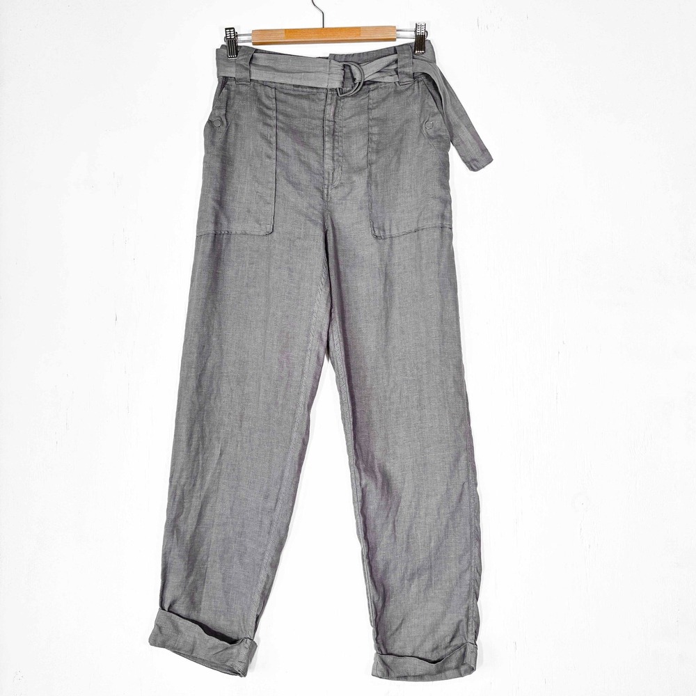 Tahari Gray 100% Linen Belted Utility Pants Womens S High Rise Straight Leg